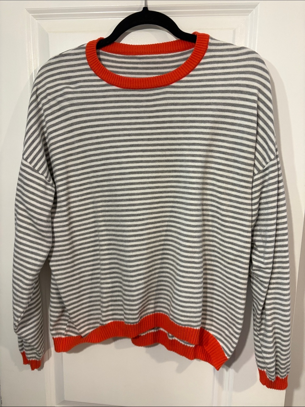 SHEIN Gray & White Striped Crewneck Sweater with Orange Trim